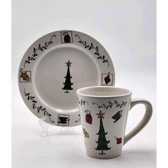 Starbucks Christmas Mug & Dessert Plate Rare 2000 Christmas Tree & Ornaments - Picture 1 of 12